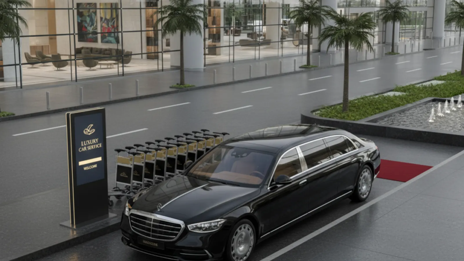 A black luxury sedan waiting curbside for a meet-and-greet pickup at a DFW airport terminal.