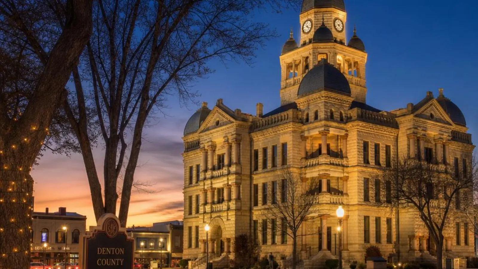Historic Denton, Texas courthouse square at dusk