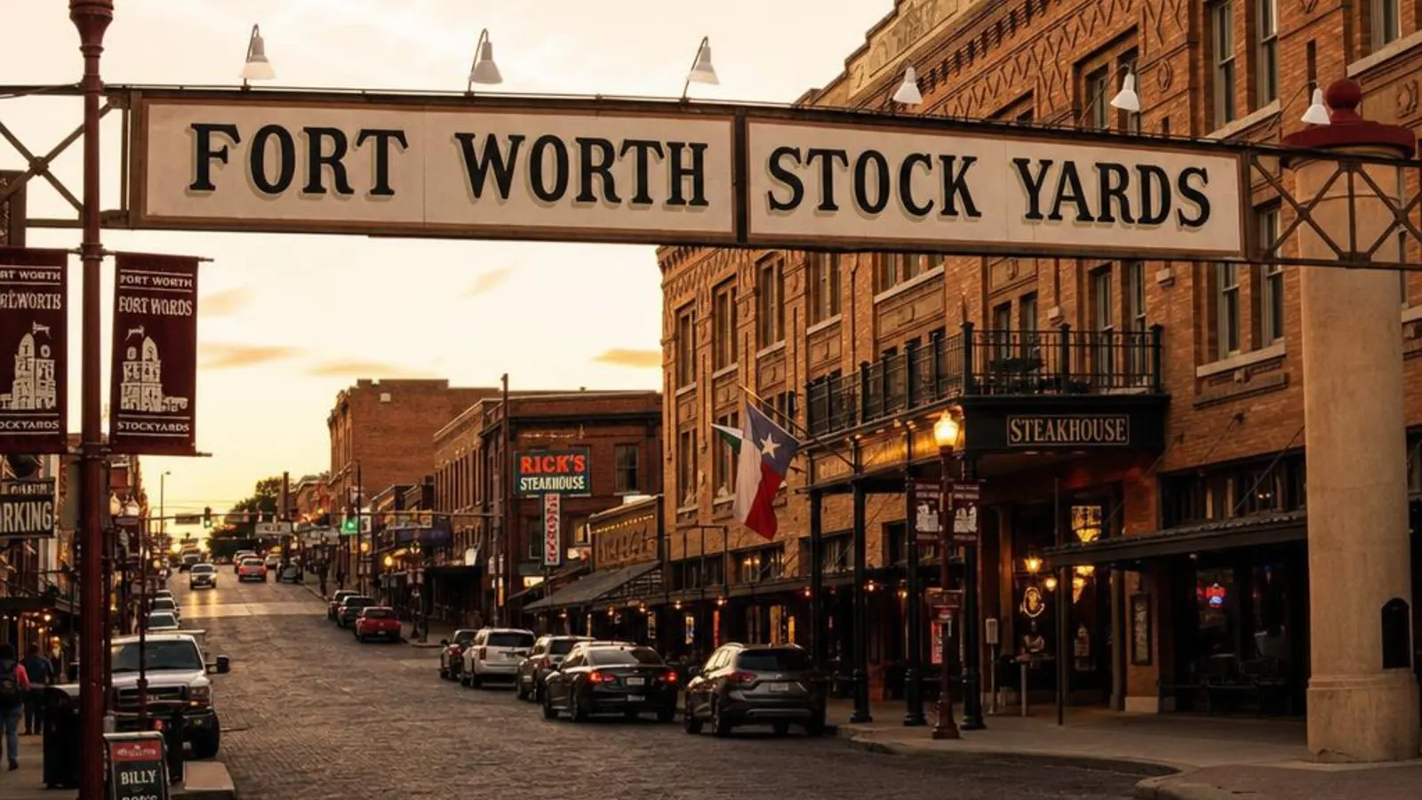 Historic Fort Worth Stockyards district in the evening light