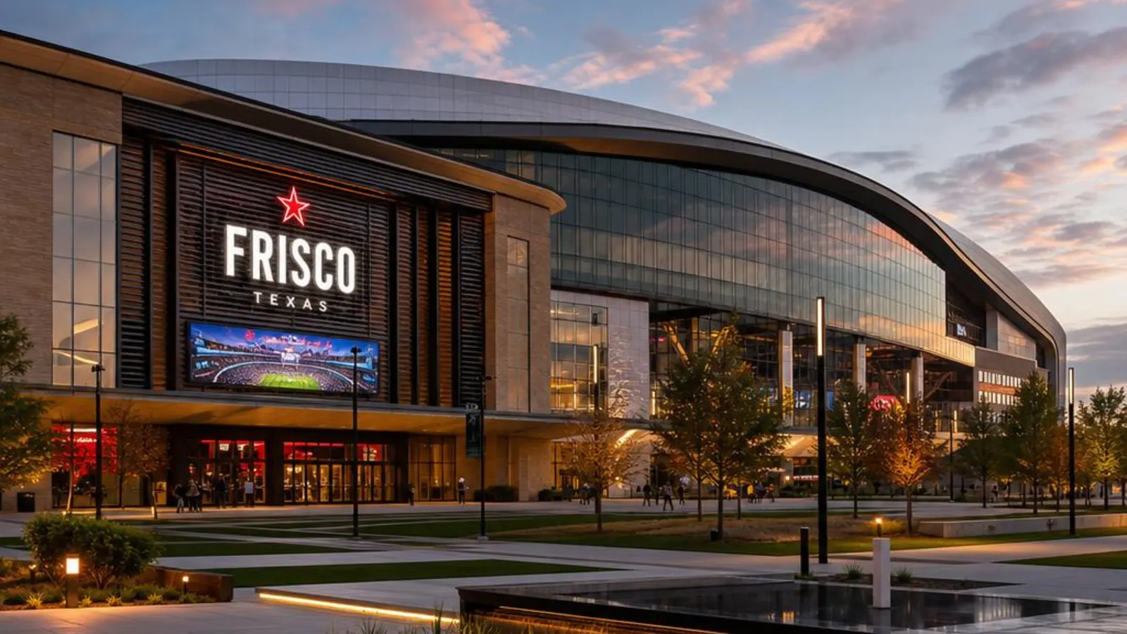 Modern sports and entertainment complex in Frisco, Texas at dusk