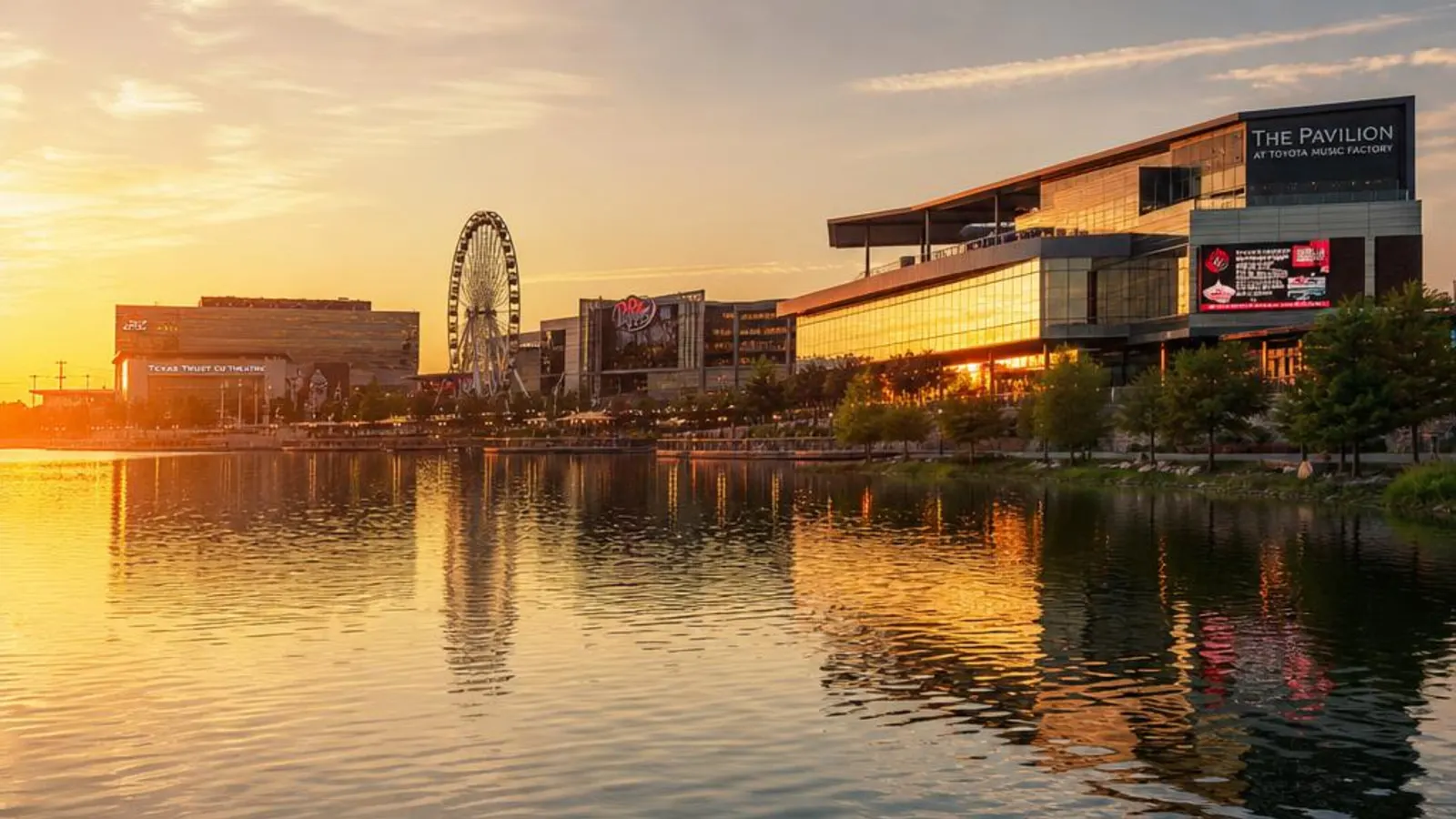 Grand Prairie, Texas entertainment district beside the lake at golden hour