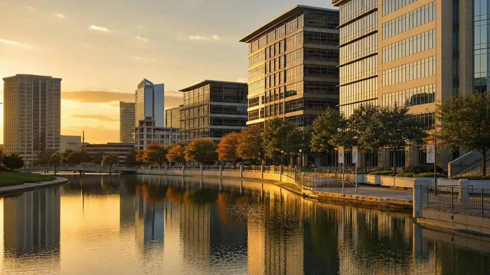 Las Colinas waterfront office towers in Irving, Texas at golden hour