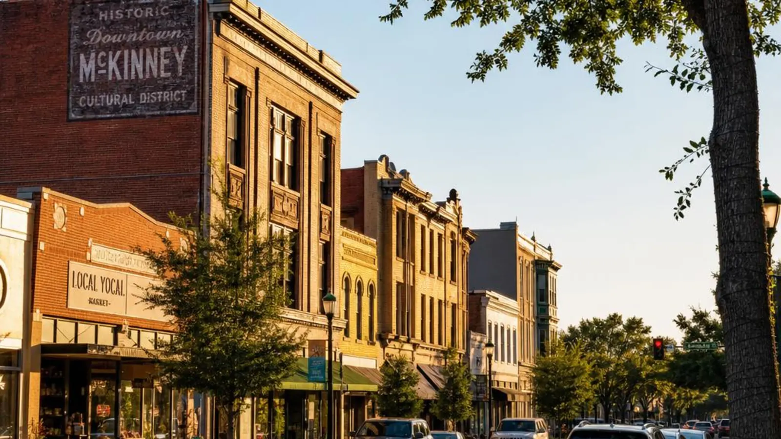 Historic downtown McKinney, Texas town square with brick storefronts