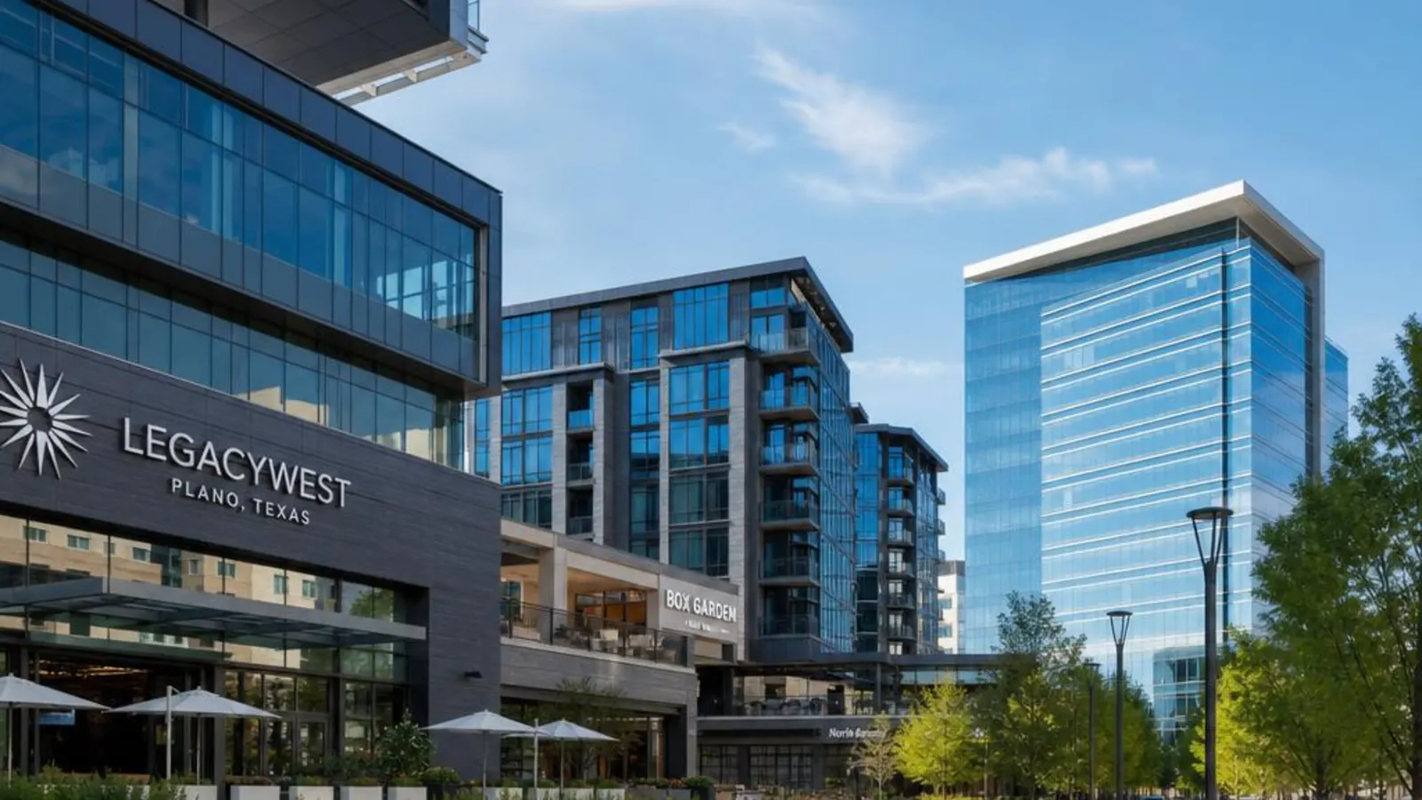 Upscale mixed-use development with glass buildings in Plano, Texas