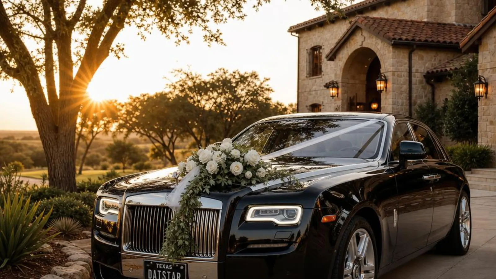 Newlyweds arriving in a white luxury limousine on their DFW wedding day